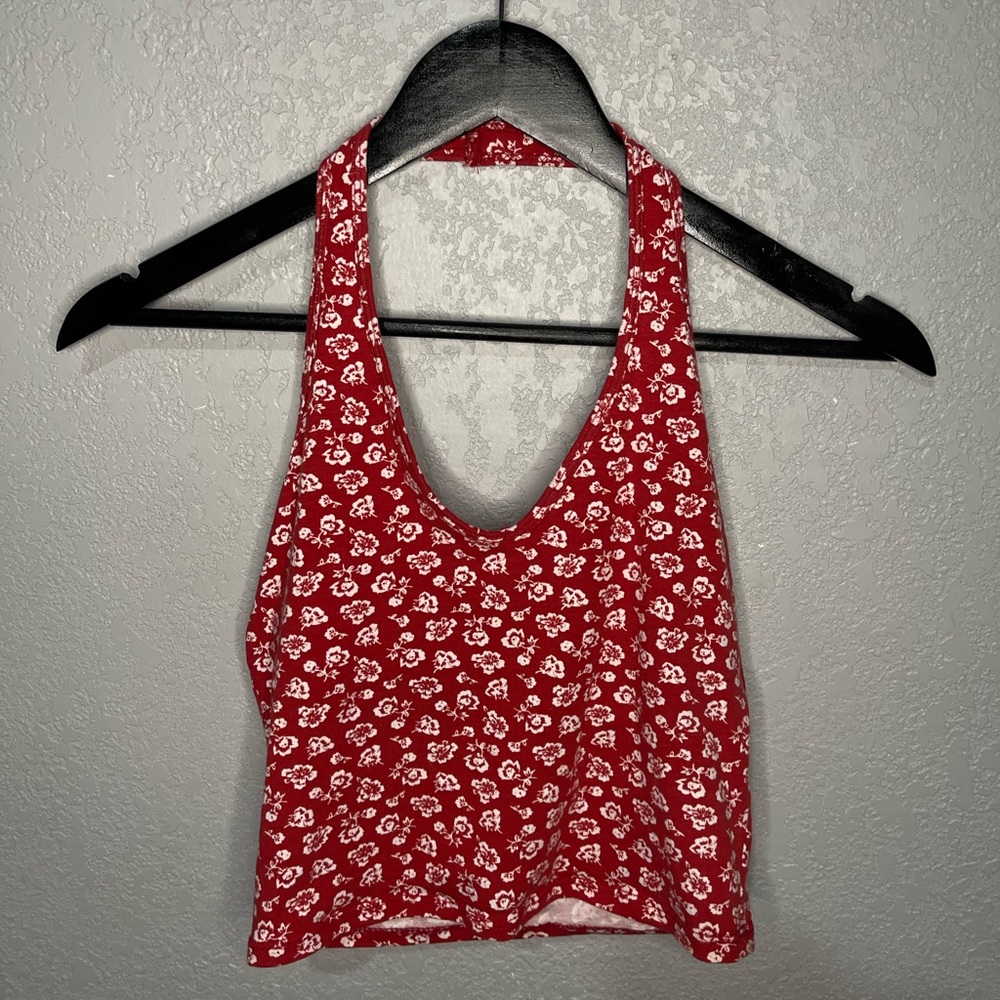 Red floral halter top, with white flowers